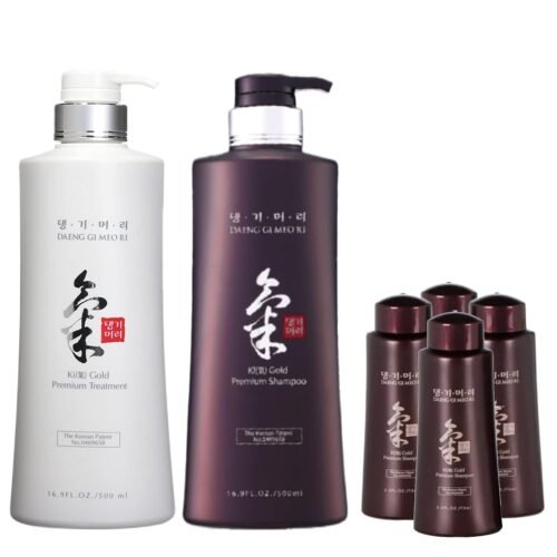 Daeng Gi Meo Ri- Ki Gold Premium Shampoo+Treatment Set, Effectively Moisture to Dry and Rough Hair, No Artificial Color 16.9 Fl Oz/500ml + 2.3 FL OZ/70ml Samples(4pcs)