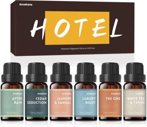 AmaKane Fragrance Oils, Hotel Diffuser Oil, Fragrance Oil for Candle Making, Soap Scents for Making Soap, Essential Oils Set 6x10ml, Luxury Night, White Tea& Thyme, Jasmine& Sandal and More