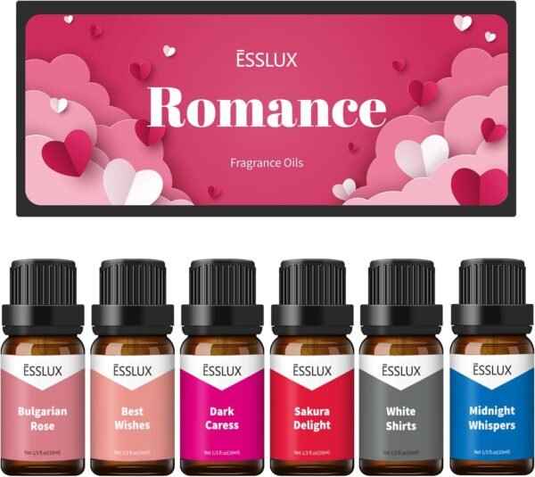 Fragrance Oils, ESSLUX Romance Scented Essential Oils for Diffuser for Home, Premium Soap Candle Making Scents, Romantic Aromatherapy Oils Gift Set, 6x10ml – Bulgarian Rose, Best Wishes and More