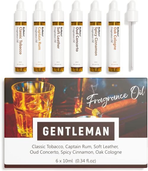 Benatu Gentleman Premium Fragrance Oils Set for Diffuser, Candle, Soap Making – Men Scents Aromatherapy Perfume Oil Gift for Home (Tobacco, Rum, Leather, Ebony, Spice Cinnamon, Oak Cologne) 6 Pcs