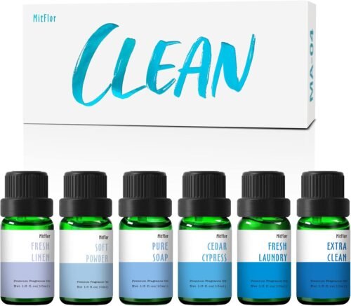 Fragrance Oil, MitFlor Clean Set of 6 Premium Scented Oils, Soap & Candle Making Scents, Refreshing Clean Essential Oils for Diffusers for Home, Cedar Cypress, Pure Soap, Fresh Linen & More, 10mlx6