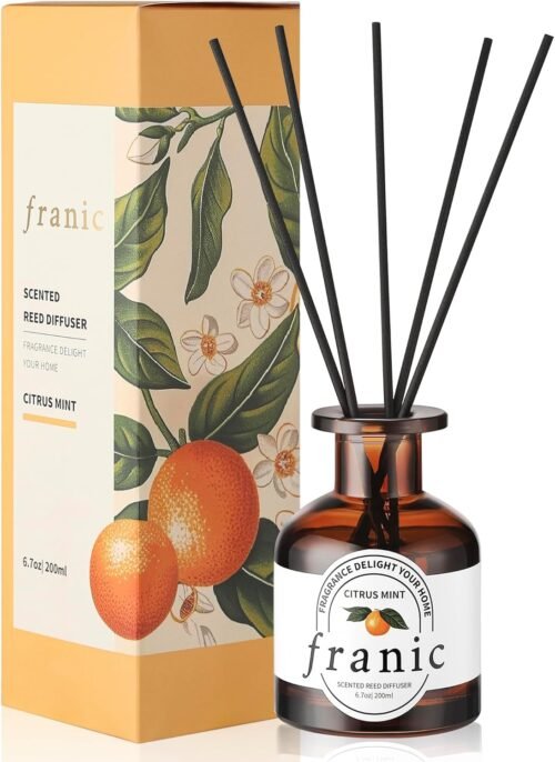 FRANIC Reed Diffuser – Citrus 6.7 oz (200 ml) with Scented Diffuser 6 Sticks, Long Lasting Fragrance for Home & Bathroom, Aromatherapy Diffuser Oil Gift Set