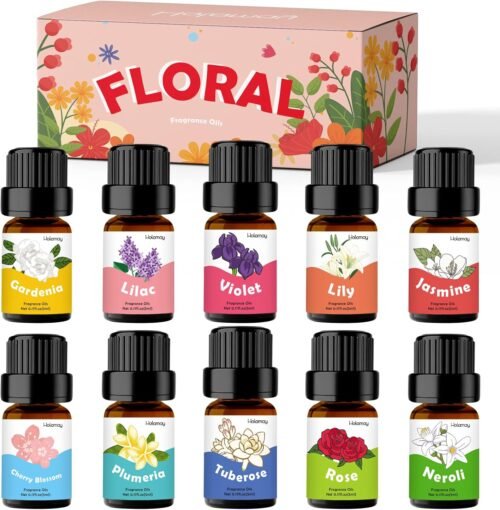 Floral Essential Oils, Holamay Premium Fragrance Oil for Candle Making, 5mlx10, Soap Making Scents – Rose, Jasmine, Neroli, Gardenia, Lilac and More, Aromatherapy Oils for Diffusers for Home