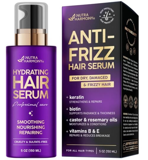 Hydrating Hair Serum for Frizzy and Damaged Hair – Keratin Hair Treatment for Dry Damaged Hair w/ Biotin, Castor Oil, Rosemary Oil, Hair Heat Protectant & Anti Frizz Hair Serum For Frizzy Hair, 5 Oz