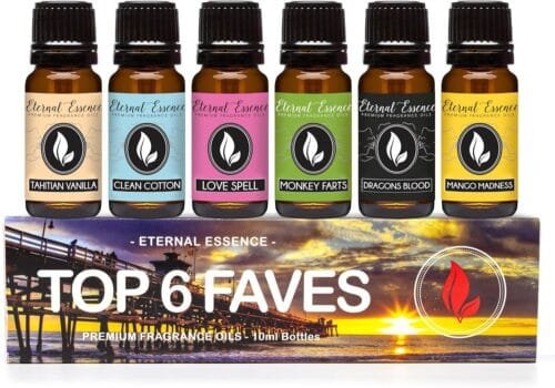 Top 6 Faves – Gift Set of 6 Premium Fragrance Oils – Love Spell, Tahitian Vanilla, Clean Cotton, Mango, Dragon’s Blood and Monkey Farts – 10ML