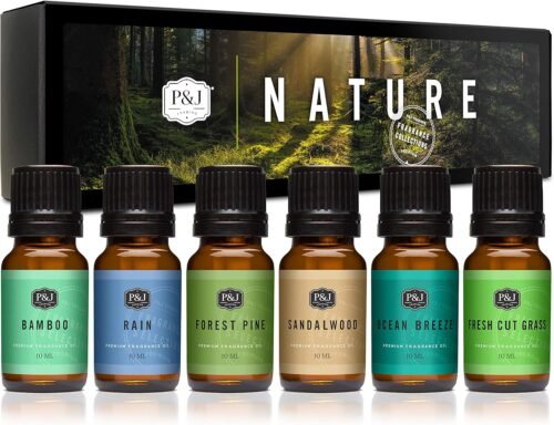 P&J Trading Nature Set of 6 Premium Grade Fragrance Oils – Forest Pine, Ocean Breeze, Rain, Fresh Cut Grass, Sandalwood, Bamboo – 10ml