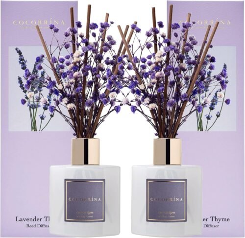 Cocorrína Premium Reed Diffuser Set with Preserved Baby’s Breath & Cotton Stick Lavender Thyme 2 Packs, 6.7oz Scent Fragrance Oil Diffuser for Bedroom Bathroom Home Décor